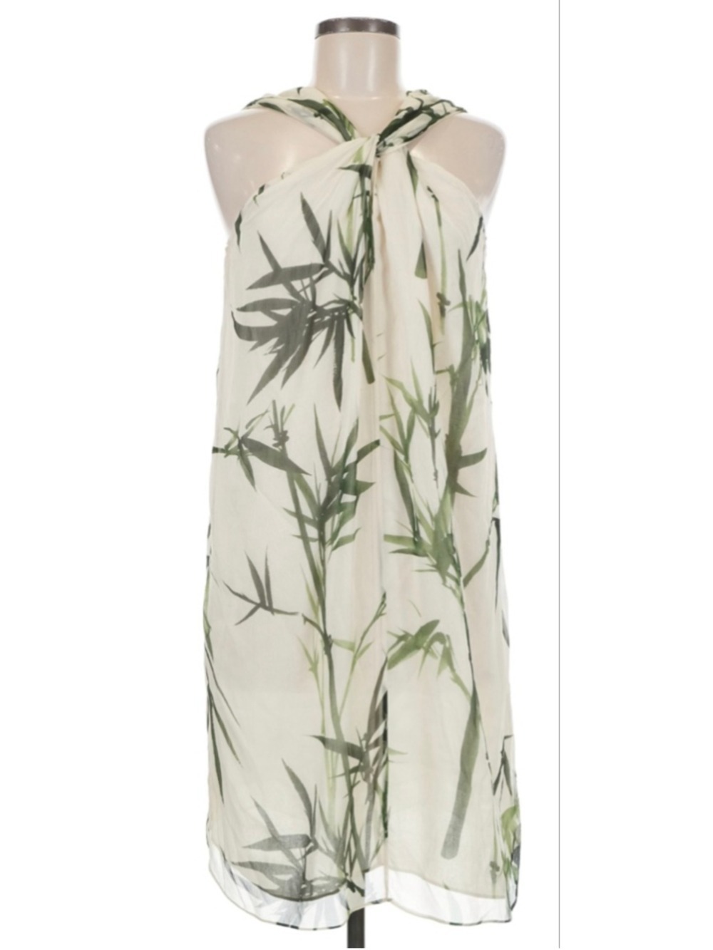 NWOT Massimo Dutti White Green Bamboo Print Mini Dress Size 2 100% Mulberry Silk